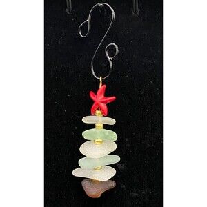 Sea Glass Christmas Tree Ornament with Red Star & Gold Beads by Neanie-Bot